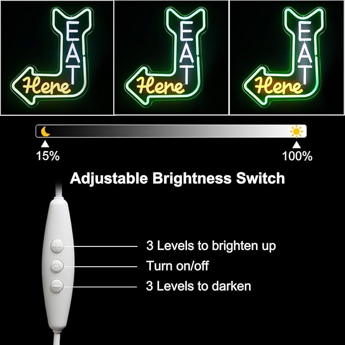 Eat Here Neon Sign Kitchen Neon Signs for Wall Decor with Arrow Guidance Green Orange White Eat Dimmable LED Sign Diner Neon Signs for Wall Bar Restaurant Kitchen Man Cave Decor
