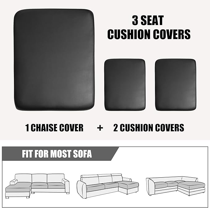 Yates Home 3 Piece Sectional Couch Covers - L Shape Sofa Cushion Covers with Separate Cushions for Both Left/Right Chaise (2 Seater + 1 Chaise, Black PU Leather Slip Cover)