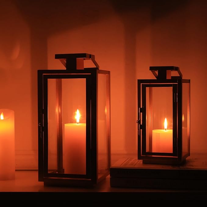 DECORKEY Lantern Decorative Outdoor&Indoor, 17''&13'' Set of 2 Blue Metal Candle Lanterns Decor, Modern Hanging/Tabletop Candle Holders for Home Porch Patio Wedding Christmas Fall Decorations