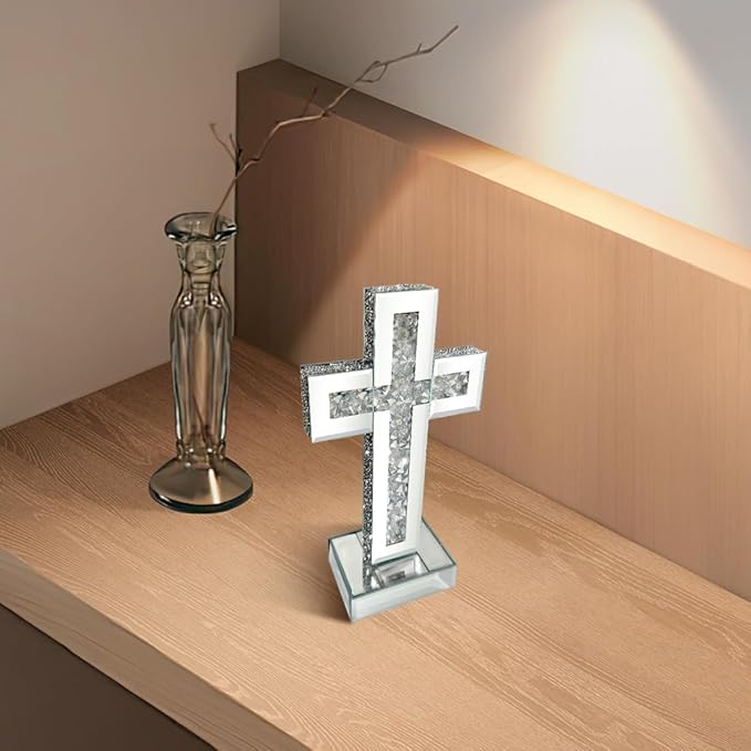 Aeveco Silver Mirrored Cross, Crystal Crush Diamond Cross for Living Room, Bedroom, Home Decor