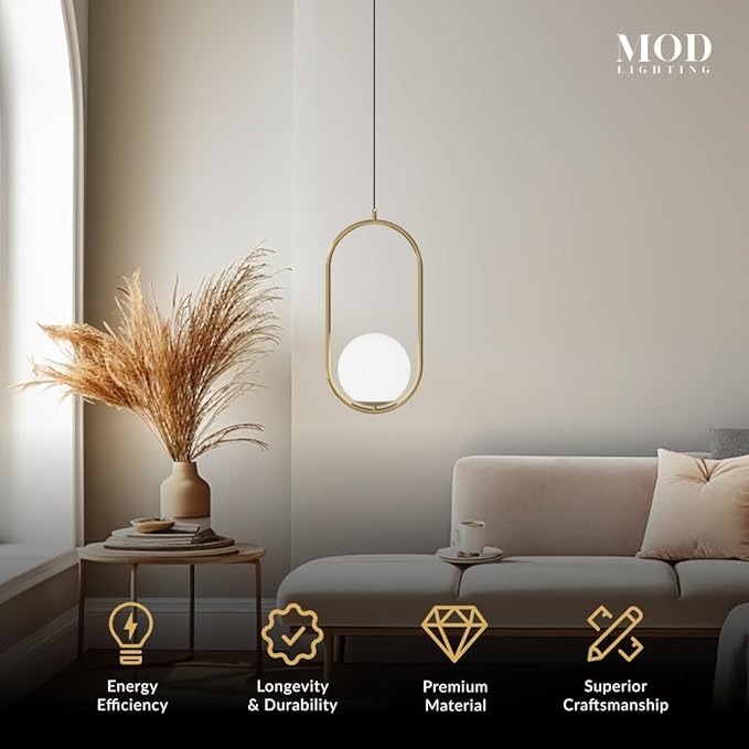𝗠𝗢𝗗 𝗟𝗜𝗚𝗛𝗧𝗜𝗡𝗚 Jewels & Pearls | Modern Gold Pendant Light Fixtures, Hanging Globe Pendant Lights for Kitchen Island Lighting, Dimmable LED Bulb Included, 1 Pack (Gold | Warm White | Oval)