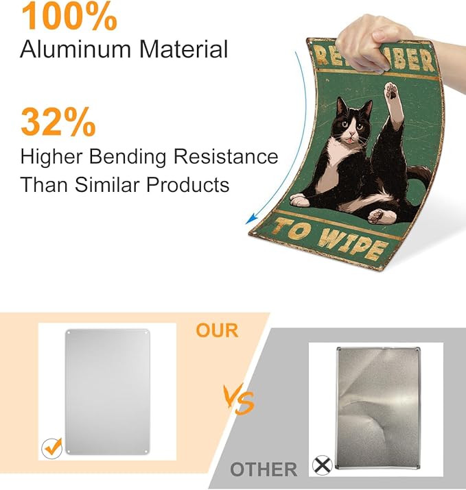 ALKB Bathroom Tuxedo Cat Sign - Remember to Wipe - Cat Lover Gift 8x12 Inch Vintage Metal Sign for Bathroom Decorations