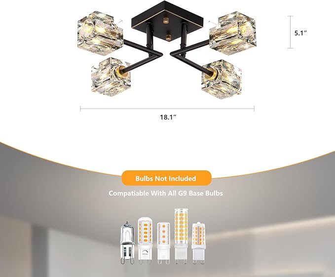 Modern Crystal Ceiling Light,Semi Flush Mount Ceiling Light Fixture with 4-Lights,Black and Gold Sputnik Chandeliers for Bedroom,Dining Room,Farmhouse Kitchen,Office,Entryway Hallway