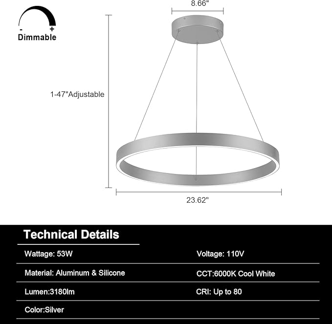Room Decor Modern LED Chandelier 23.62'' Dimmable 1-Ring Chandelier 76W Circular Pendant Light for Dining Room Kitchen Island Bedroom, 6000K, Silver UL Listed
