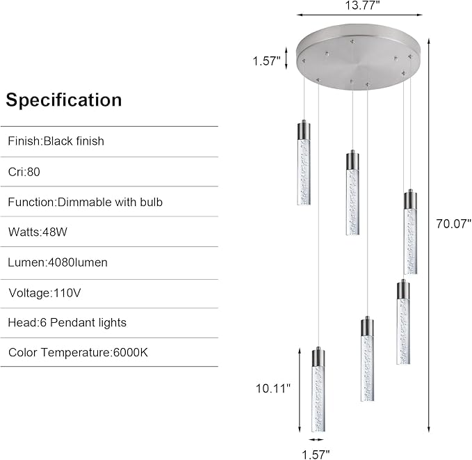 Modern Chandeliers for high Ceilings, Brushed Nickel Foyer Pendant Lighting with Preminum Bubbles, Pendant Lights Kitchen 6-Lights Dimmmable for Foyer Dining Room, Kitchen Island,Bars…