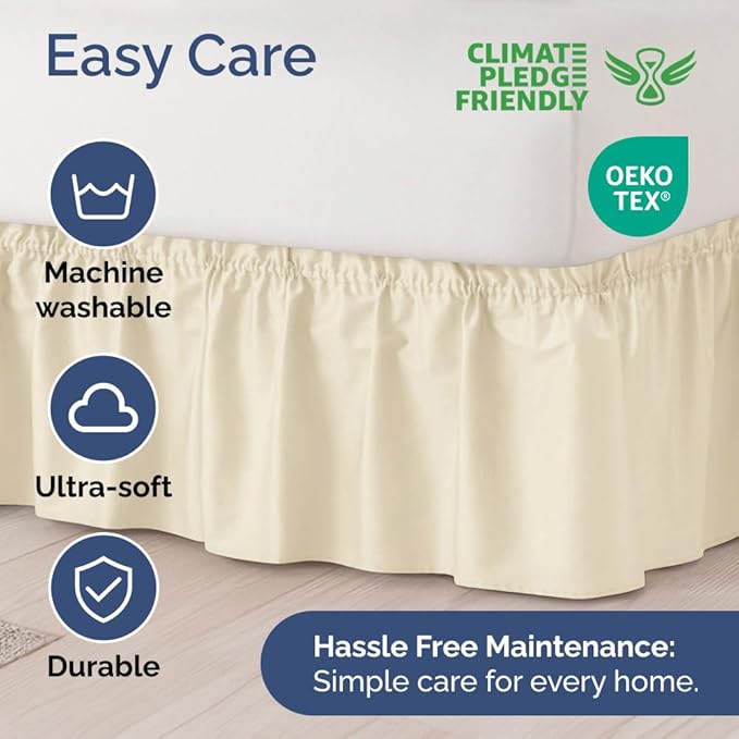 Wrap Around Dust Ruffle Bed Skirt - Off White - for King Size Beds w/ 15 Inch Drop - Easy Fit Elastic Strap - Adjustable Pleated Bedskirt w/Brushed Fabric - Wrinkle Free - Women, Men, Kids & Teens