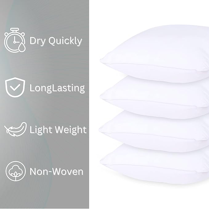 GOLD TEXTILES White Throw Pillows Insert (Pack of 4) - 18 x 18 Inches Polyester Sham Stuffer Throw Pillow - Lightweight Square Indoor Decorative Pillows - Bed and Cushion Couch Pillows