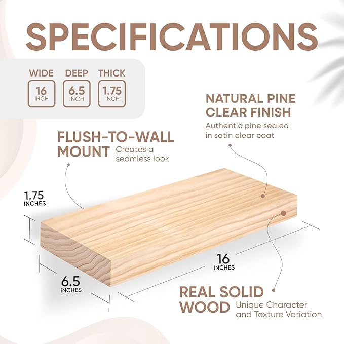 Homeforia 16 inch Natural Floating Shelf, High End Solid Real Wood 16inch Small Floating Shelves for Wall Mounted, Natural Wooden Floating Shelves, Heavy Duty Bracket, 16 X 6.5 X 1.75 in, Set of 4