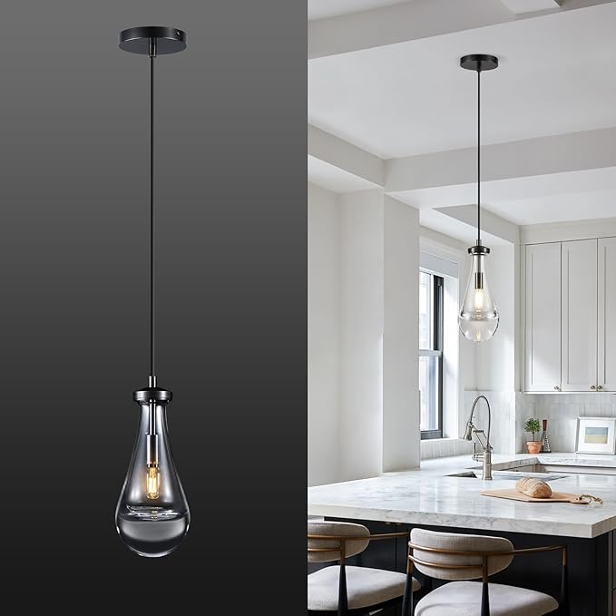 Raindrop Pendant Light for Kitchen Island, Black Modern Crystal Glass Modern Pendant Lights, pendant lights in kitchen island, E12 Bulb Pendant Lights Indoor island, for Dining Room,Living Room