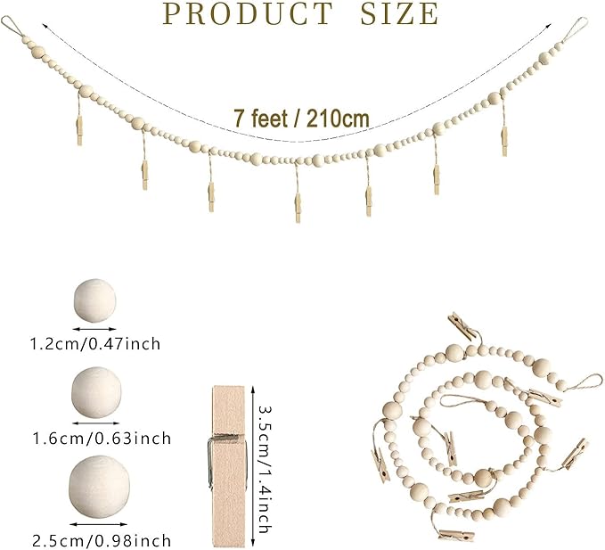 7 Feet Hanging Photo Display with Clips Boho Decor Wooden Bead Garland Birthday Photo Display Holder Frame Decoration for Dorms, Classrooms, Bedrooms