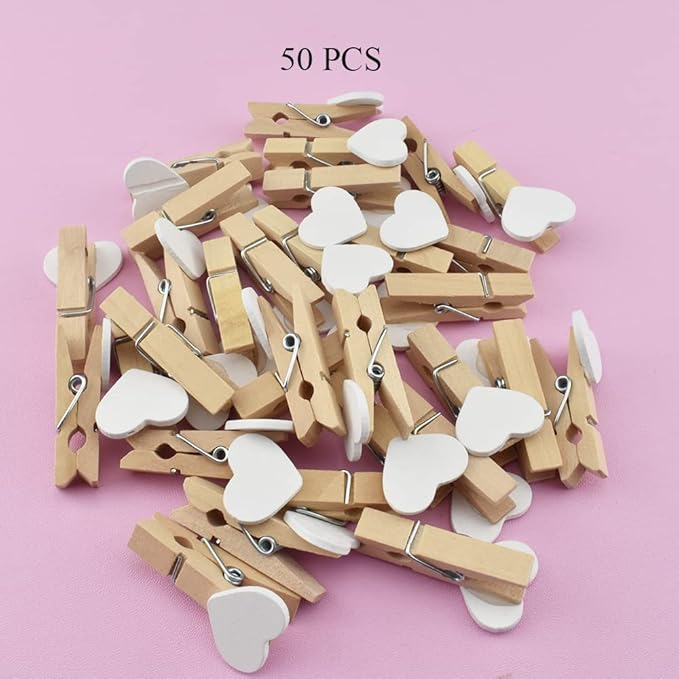 HAHIYO Heart Painted Mini Wooden Clothespin Clip Photo Paper Holders 1.38inch Tight Clamp Not Fray Rope Post Notices Handy Read for Hanging Postcard Wedding White 50PCS