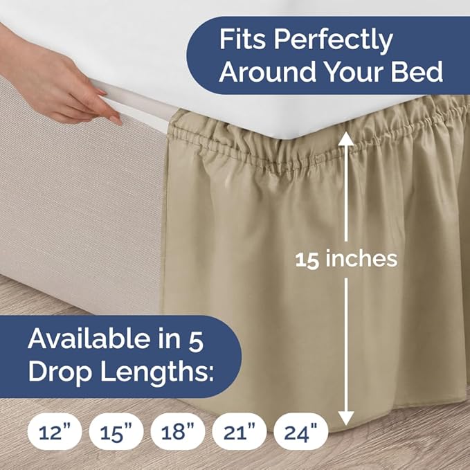 Wrap Around Dust Ruffle Bed Skirt - Beige - for King Size Beds with 15 Inch Drop - Easy Fit Elastic Strap - Adjustable Pleated Bedskirt w/Brushed Fabric - Wrinkle Free - for Women, Men, Kids & Teens