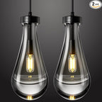 Raindrop Pendant Lights Kitchen Island Set of 2 Teardrop Black Hanging Light Fixtures Clear Solid Glass Pendant Light Modern Chandeliers for Dining Room Porch Corridor Living Room…