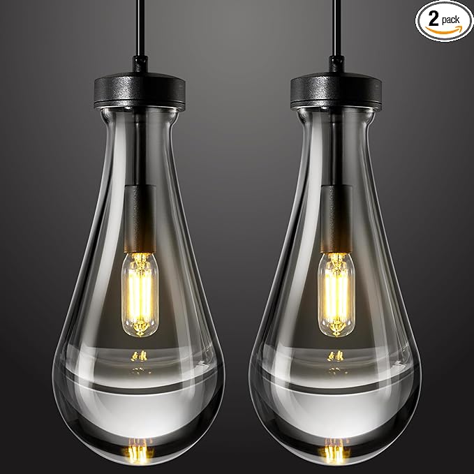 Raindrop Pendant Lights Kitchen Island Set of 2 Teardrop Black Hanging Light Fixtures Clear Solid Glass Pendant Light Modern Chandeliers for Dining Room Porch Corridor Living Room…