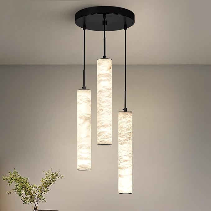 LMQNINE Natural Alabaster Pendant Lights for Kitchen Island White Marble Long Tube Chandelier Modern Black Ceiling Light Fixtures for Bedroom Dining Room Table Living Room Hallway(M-3Light)