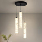 LMQNINE Natural Alabaster Pendant Lights for Kitchen Island White Marble Long Tube Chandelier Modern Black Ceiling Light Fixtures for Bedroom Dining Room Table Living Room Hallway(M-3Light)