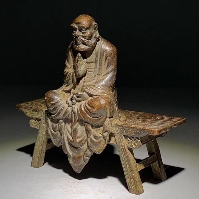Antique Solid Brass Luohan Figure Buddhist Monk Bodhidharma Sit on Stool Statue Ornament Copper Statue Figurines Brass Zen Feng Shui Meditaion Yoga Ornament Collectible Buddhist Figurine Metal Art