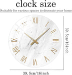 White Marble Large Clocks for Living Room Round Glass Wall Clock Battery Operated 16 Inch Silent Wall Clock Non Ticking