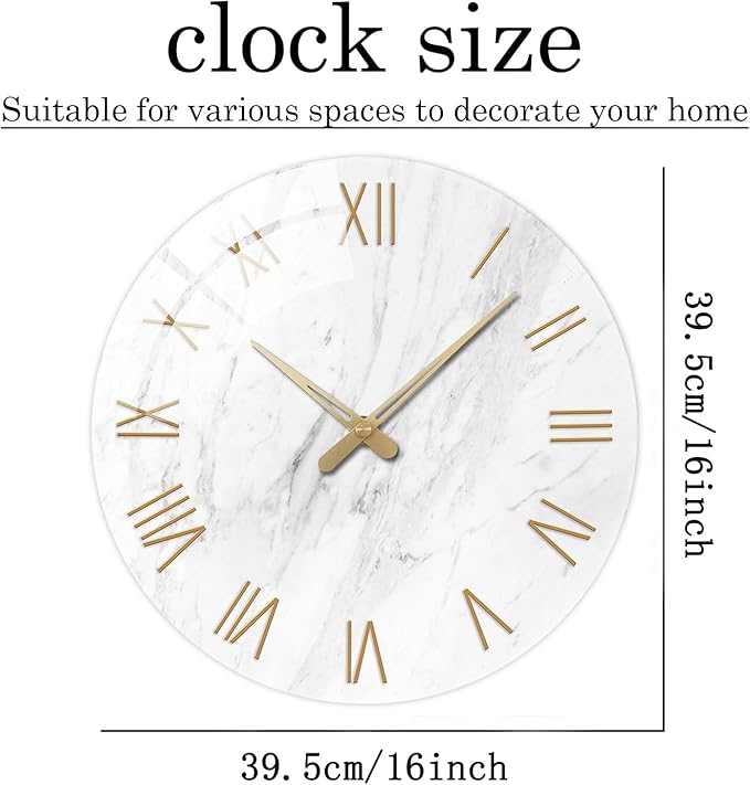 White Marble Large Clocks for Living Room Round Glass Wall Clock Battery Operated 16 Inch Silent Wall Clock Non Ticking