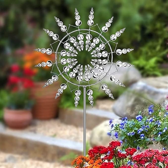 Unique and Magical Metal Windmill, 3D Wind Kinetic Sculpture, Wind Spinner Solar, Lawn Solar Wind Spinners for Yard and Garden, Wind Catchers Metal Outdoor Patio Decoration (1 PCS -Silver)