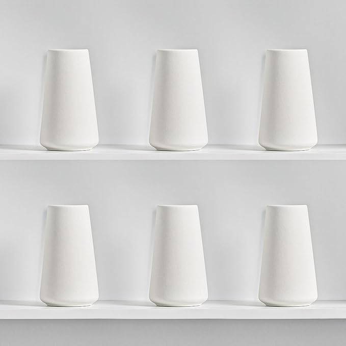 Modern White Small Ceramic Vase Set of 6 for Living Room Bedroom 5.9'' Minimalist Fresh Flower Vases for Home Decor Office Fireplace Centerpieces Nordic Style Gift for Fake Plant 6 Pack
