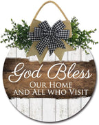 FemiaD God Bless This Home and All Who Enter Sign for Front Door Funny Wreaths Hanging Wooden Plaque Decoration Round Rustic Wood Farmhouse Porch Decor for Home Front Door Decor 11inch