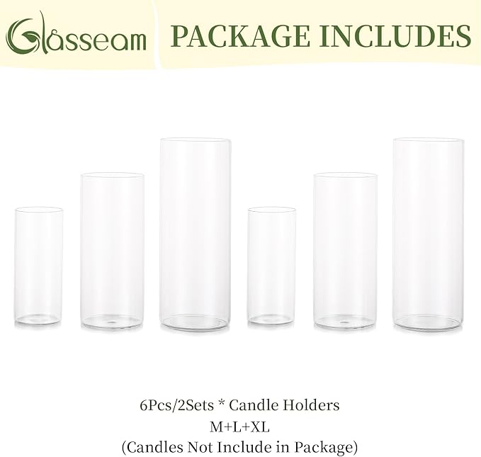Glasseam Hurricane Glass Candle Holders: Set of 6 Cylinder Candle Holders for Table Centerpiece Modern Glass Vases for Centerpieces Large Clear Flower Vase Decorative for Wedding