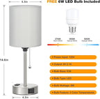 Grey Bedroom Lamp for Nightstand - 3 Color Temperature Table Lamp with USB C and A Ports, Pull Chain Bedside Lamp with AC Outlet, Desk Lamp with Silver Metal Base for Kids Girls