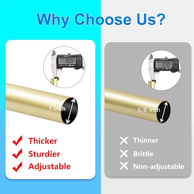 Curtain Rods for Windows 16 to 170 Inches Adjustable Length 1 Inch Diameter Window Curtain Rod with Aluminium Finials, Warm Gold