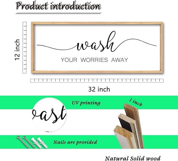 ZZJJHYWGQ Wash Your Worries Away Bathroom Wall Decor 32x12 Inch Laundry Room Funny Large Sign Wooden Framed Wall Hanging Art (Wood)