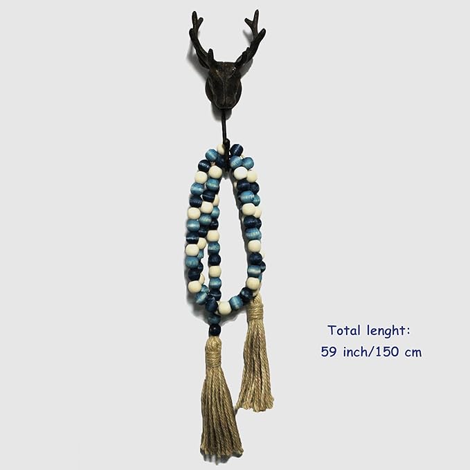 CVHOMEDECO. Wood Beads Garland with Tassels Farmhouse Rustic Wooden Prayer Bead String Wall Hanging Accent for Home Festival Decor. Blue Mix Distressed