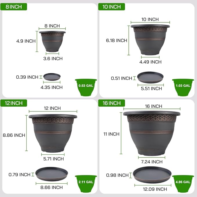 4 Pack 16 Inch Large Plant Pots, Plastic Flower Pot for Indoor & Outdoor with Drainage Holes & Saucer, Plaid Pattern Planters Garden Pots for Herbs