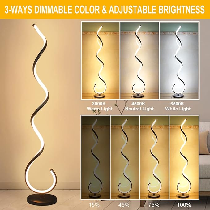 Spiral LED Floor Lamp, 40W Dimmable Modern Floor Lamps for Living Room with Remote Control, Stepless Adjustable Colors & Brightness Standing Lamp Reading Corner Floor Lamp for Bedroom - Black