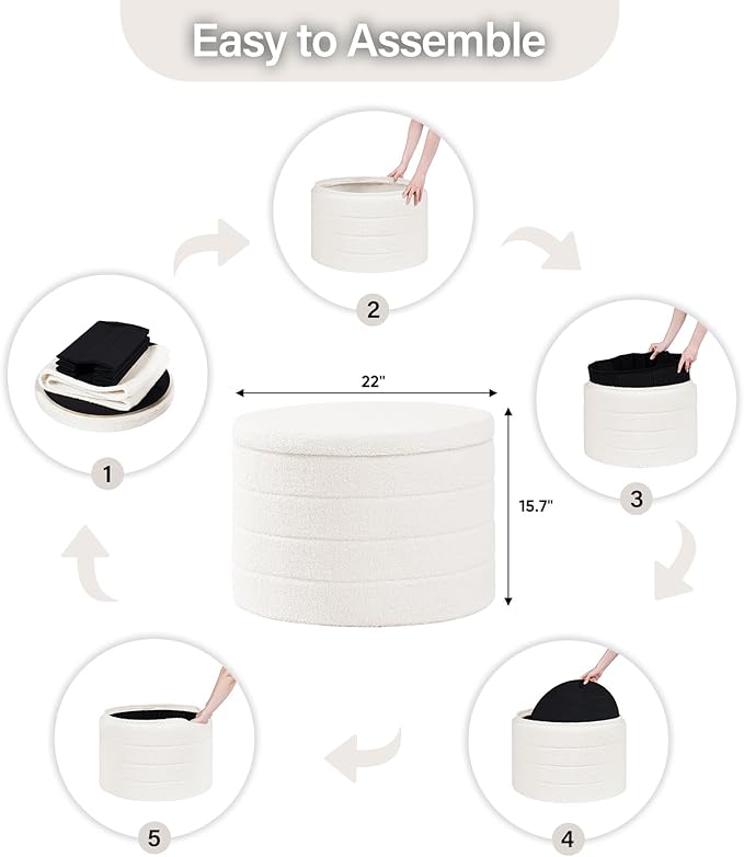 B FSOBEIIALEO Ottoman with Stroage, Round Sherpa Storage Ottoman Stool, Boucle Foot Rest22 x 22"x15.75" (White)