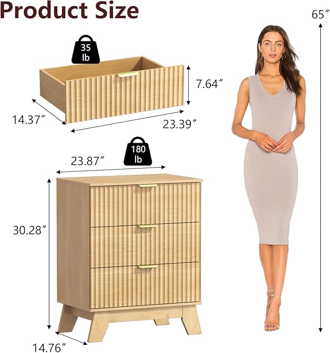 Fluted Dresser for Bedroom,3 Drawer Dresser for Closet,Storage Cabinet and Chest of Drawers with Gold Handle,TV Stand,Storage Organizer for Living Room,Hallway,Entryway,Nature Oak