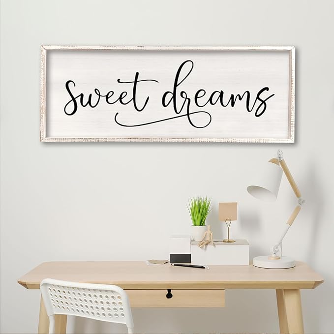 comurdyo Sweet Dreams Wall Decor Above Bed Sign 40" x 15" Master Bedroom Wooden Antique Framed Large Rustic Farmhouse Guest Room Beautiful Simple Hanging Plaque Over Bed Wall Art (White)