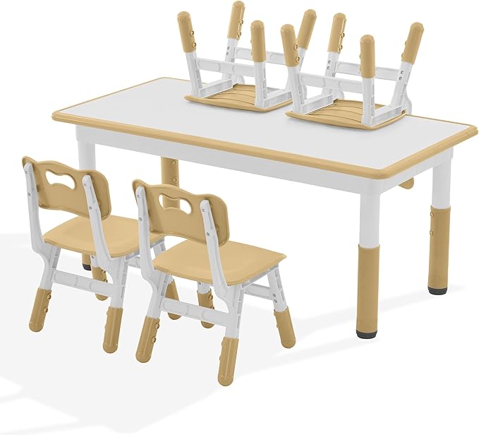 Kids Study Table and Chairs Set, Height Adjustable Toddler Table and Chair Set for Kids Ages 3-8, Graffiti Desktop (Light Brown)