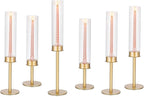 Glasseam Hurricane Glass Candlestick Holder, Set of 6 Matte Gold Candle Holders with Cylinder Chimney Rustic Tall Taper Candleholder for Table Centerpieces Wedding Dining Table Christmas Decoration
