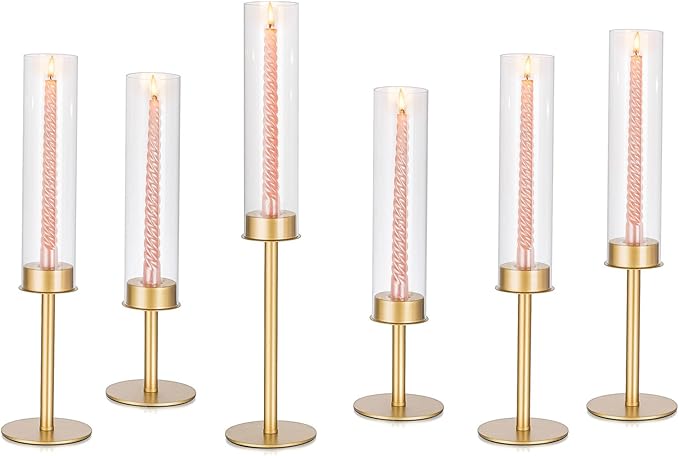 Glasseam Hurricane Glass Candlestick Holder, Set of 6 Matte Gold Candle Holders with Cylinder Chimney Rustic Tall Taper Candleholder for Table Centerpieces Wedding Dining Table Christmas Decoration