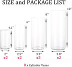Cylinder Vase Bulk Clear Esmiome - 2 Sets (8Pcs) Cylinder Vases for Centerpieces, Glass Vases for Flowers, Hurricane Floating Candle Holder Decorative Centerpiece for Wedding, 4''+6''+8''+10''(High)