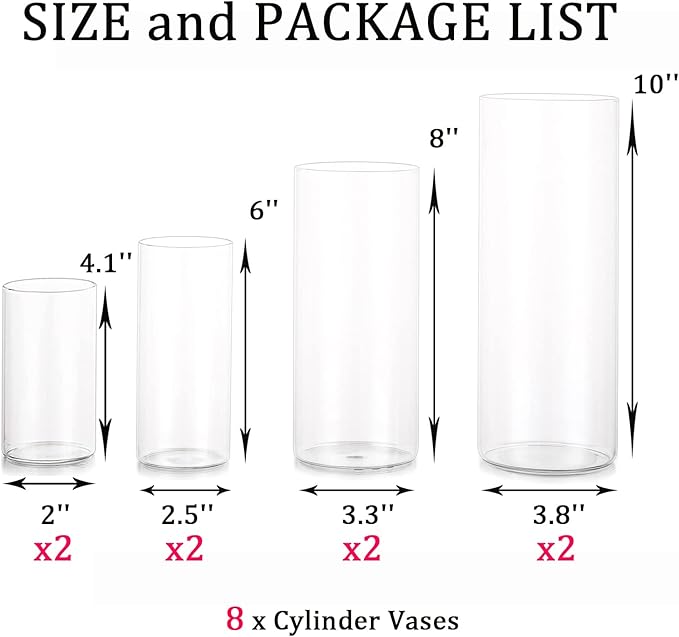Cylinder Vase Bulk Clear Esmiome - 2 Sets (8Pcs) Cylinder Vases for Centerpieces, Glass Vases for Flowers, Hurricane Floating Candle Holder Decorative Centerpiece for Wedding, 4''+6''+8''+10''(High)