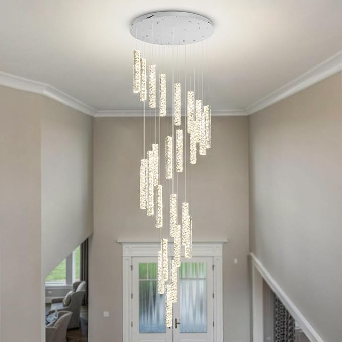 Large Staircase Chandeliers 130inches Long Spiral Crystal Chandeliers for High Ceilings Foyer Entrance 25-Lights Silver LED Dimmable 3000-6000K