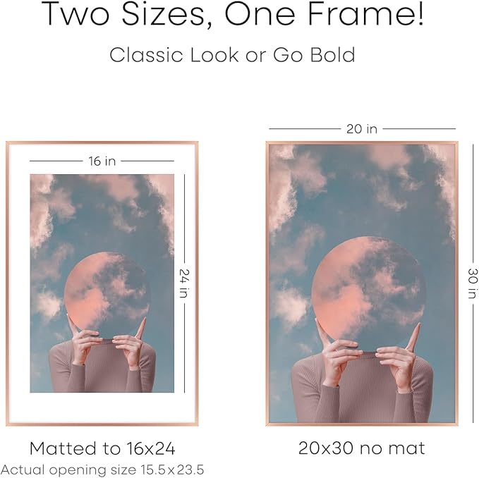Homeforia 20x30 Frame Rose Gold, High End Metal 20x30 Picture Frames with Mat 16x24 inch Photo, 20 x 30 Rose Gold Poster Frame Matted to 16 by 24, 30x20 Large Frame, Tempered Glass, Wall Kit, Set of 1