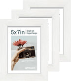 5x7 Picture Frame 3 Pack - White Woodgrain, Solid Wood & HD Tempered Glass, Table Display or Wall Hanging