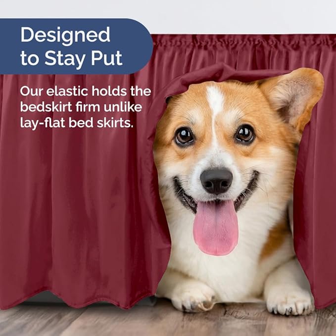 Wrap Around Dust Ruffle Bed Skirt - Burgundy - for King Size Beds with 21 Inch Drop - Easy Fit Elastic Strap - Adjustable Pleated Bedskirt w/Brushed Fabric Wrinkle Free - for Women, Men, Kids & Teens