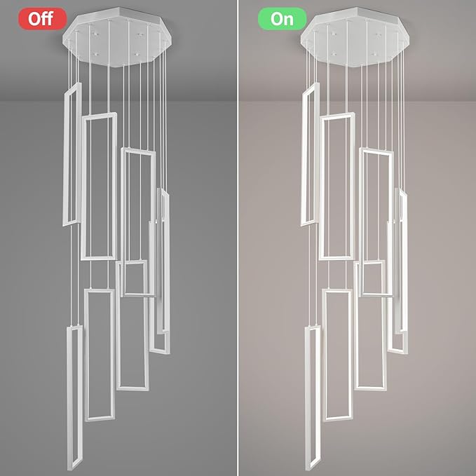 Modern Adjustable Height Pendant Light White 144W LED Pendant Lights 8 Rings Rectangular Chandelier Staircase Large Chandelier Lobby Living Room Kitchen Island Foyer High Ceiling Chandeliers