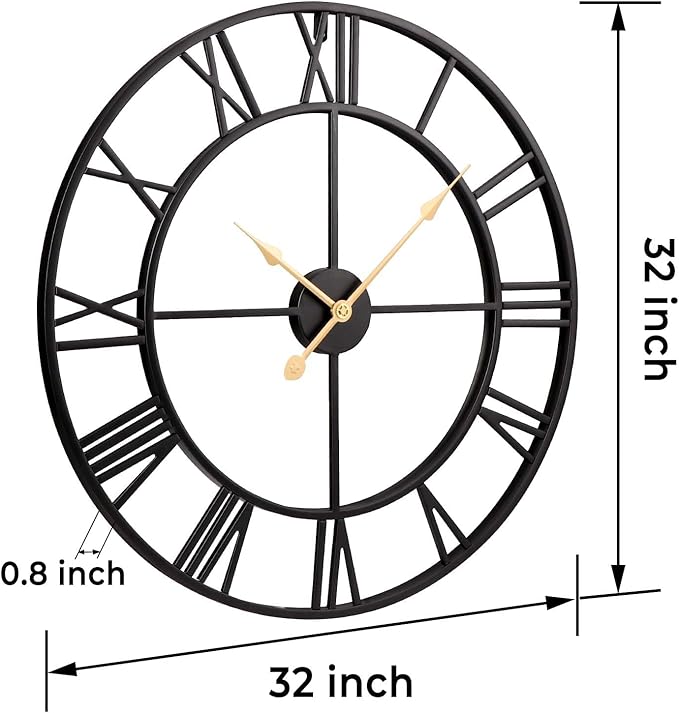 Vantic 32 Inch Large Wall Clock, Roman Numeral Metal Oversized Wall Clocks for Living Room Decor, Bedroom and Kitchen, Completely Silent, Non Ticking, Battery Operated