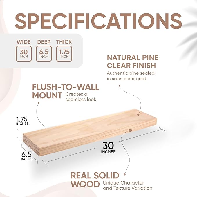 Homeforia 30 inch Natural Floating Shelf, High End Solid Real Wood 30inch Small Floating Shelves for Wall Mounted, Natural Wooden Floating Shelves, Heavy Duty Bracket, 30 X 6.5 X 1.75 in, Set of 4