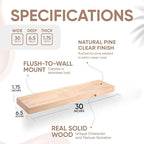 Homeforia 30 inch Natural Floating Shelf, High End Solid Real Wood 30inch Small Floating Shelves for Wall Mounted, Natural Wooden Floating Shelves, Heavy Duty Bracket, 30 X 6.5 X 1.75 in, Set of 4