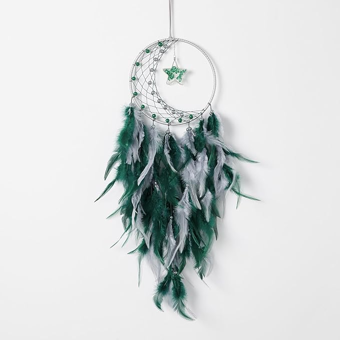 Dreamlike Moon Dream Catchers Wall Decor Crescent Dream Catcher with Crystal Stone Star Shaped Tree of Life Pendant Handmade Green Feather Dreamcatchers Wall Hanging for Girls Bedroom Wedding Gift